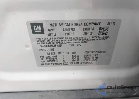 2016 Chevrolet Trax Lt from USA, damaged, VIN KL7CJPSB1GB610891